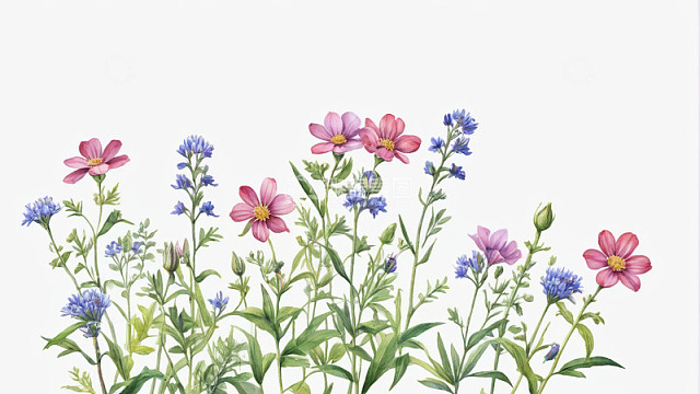 手绘粉色蓝色花卉插画