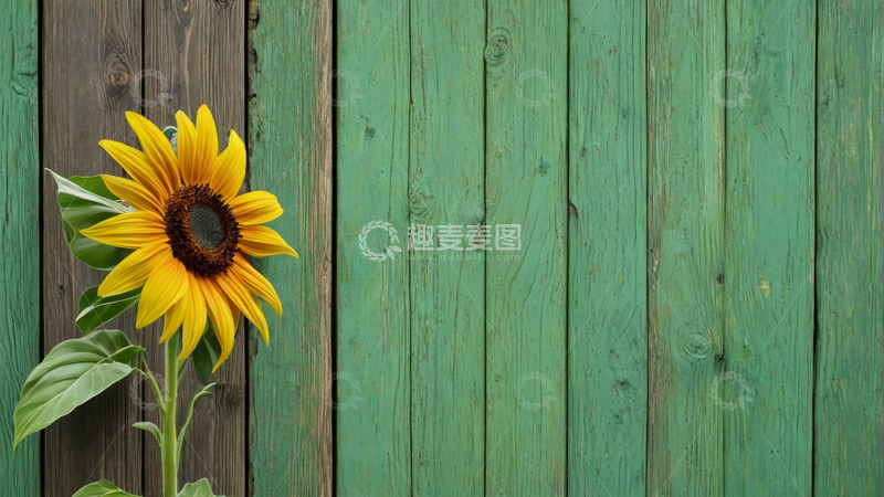 高清大图下载【趣麦麦图】绿色木墙旁的向日葵