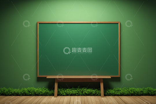 绿墙前的木质边框空白黑板