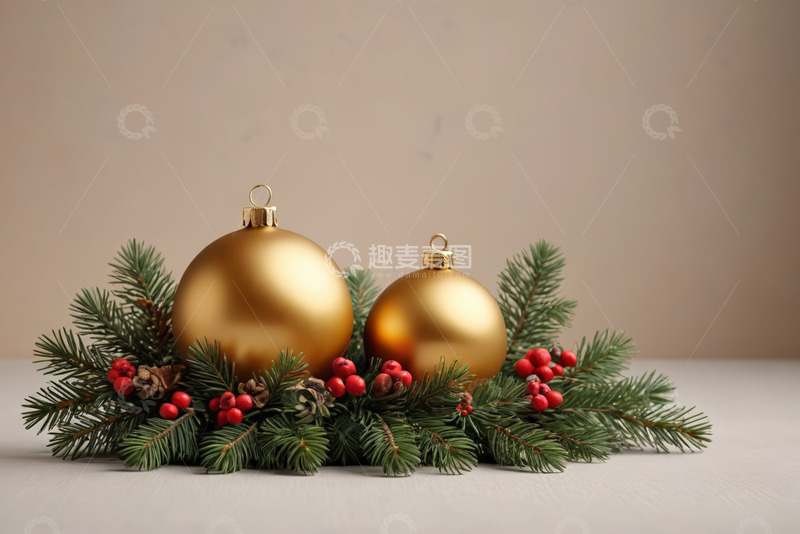 高清大图下载【趣麦麦图】金色圣诞装饰球与松枝