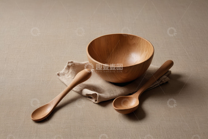 高清大图下载【趣麦麦图】木质碗勺摆放在布上特写