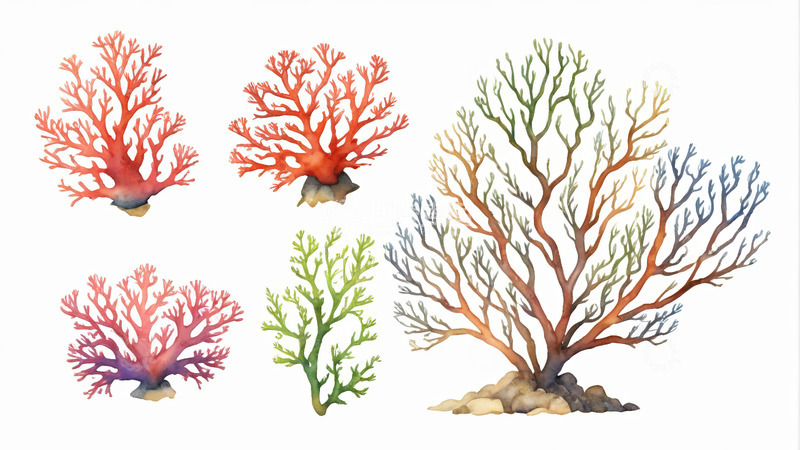 高清大图下载【趣麦麦图】水彩风格多彩珊瑚插画素材