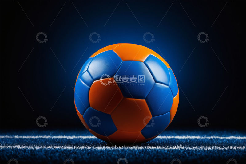 高清大图下载【趣麦麦图】蓝橙配色足球置于绿茵场