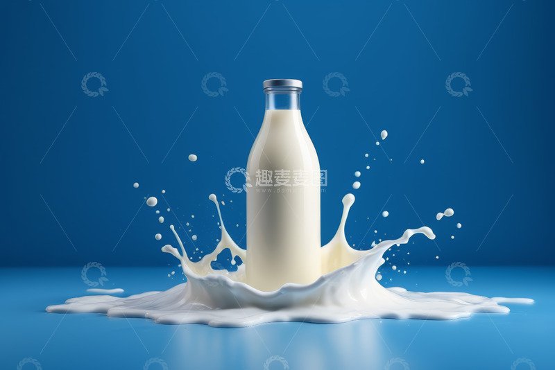 高清大图下载【趣麦麦图】蓝色背景瓶装牛奶飞溅画面
