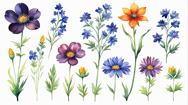 水彩风格多彩花卉插画素材