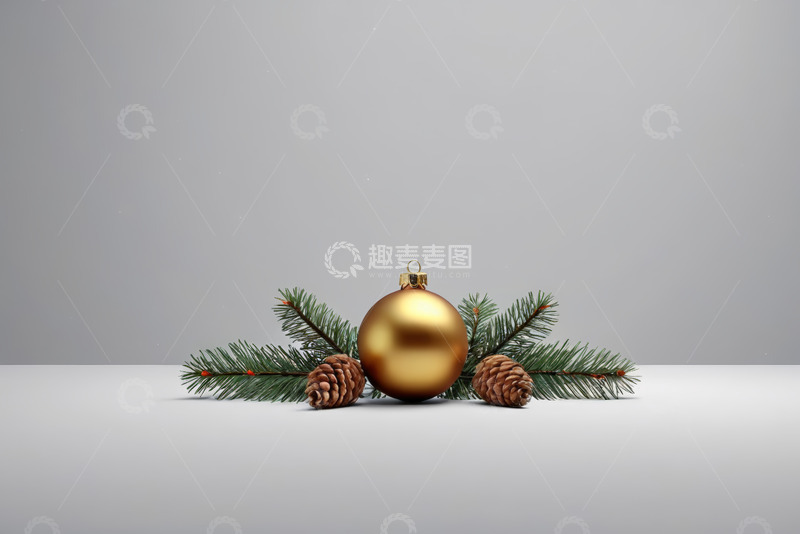 高清大图下载【趣麦麦图】金色圣诞装饰球与松枝松果