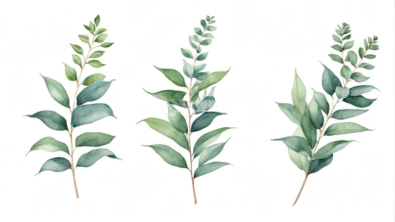 高清大图下载【趣麦麦图】水彩风格绿色植物枝叶素材