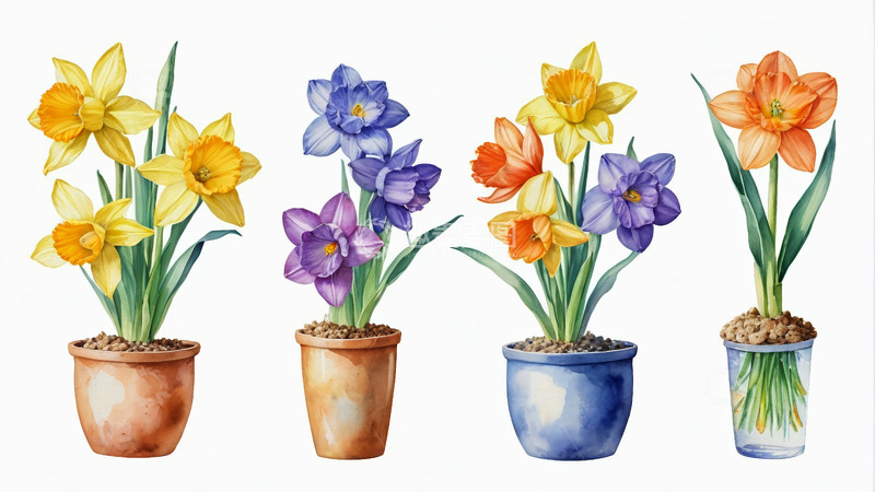 高清大图下载【趣麦麦图】盆栽水仙多彩花卉插画