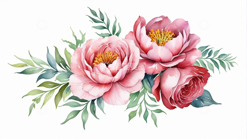 高清大图下载【趣麦麦图】水彩风格粉色花卉插画