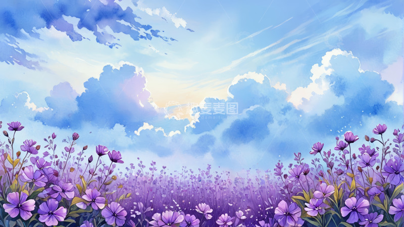 高清大图下载【趣麦麦图】紫色花海与蓝天白云风景
