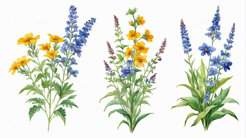 高清大图下载【趣麦麦图】手绘蓝黄花卉插画