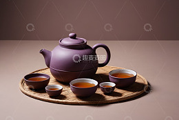 紫色茶具与茶盏摆拍素材