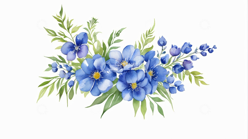 高清大图下载【趣麦麦图】蓝色花卉水彩插画素材