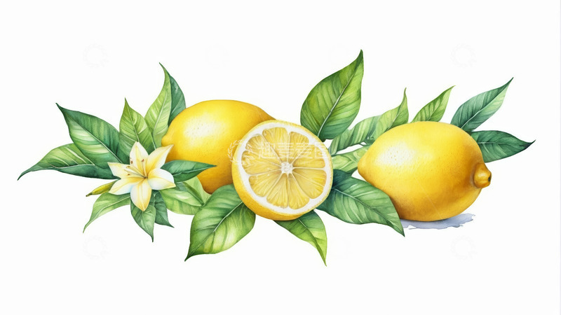 高清大图下载【趣麦麦图】水彩风格柠檬及绿叶花朵