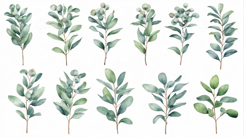 高清大图下载【趣麦麦图】水彩风格桉树叶植物素材