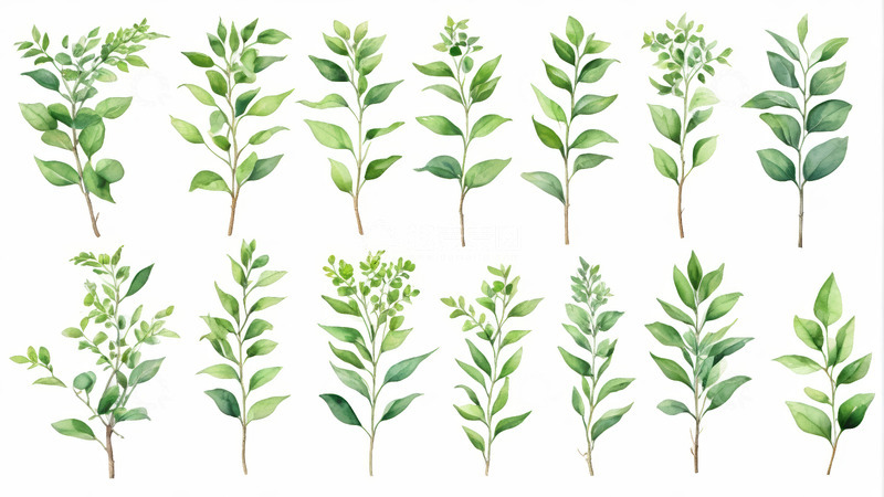高清大图下载【趣麦麦图】水彩风格绿色植物枝叶素材