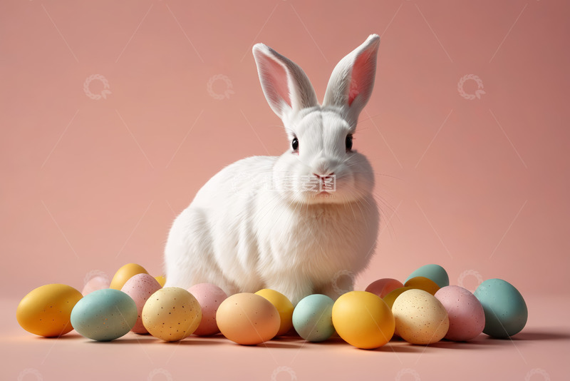 高清大图下载【趣麦麦图】白兔与彩色复活节彩蛋画面