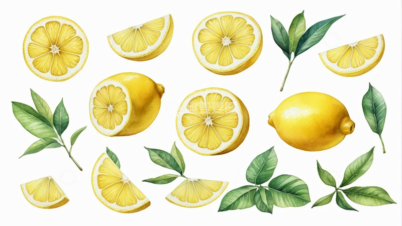 高清大图下载【趣麦麦图】水彩风格柠檬及柠檬切片素材