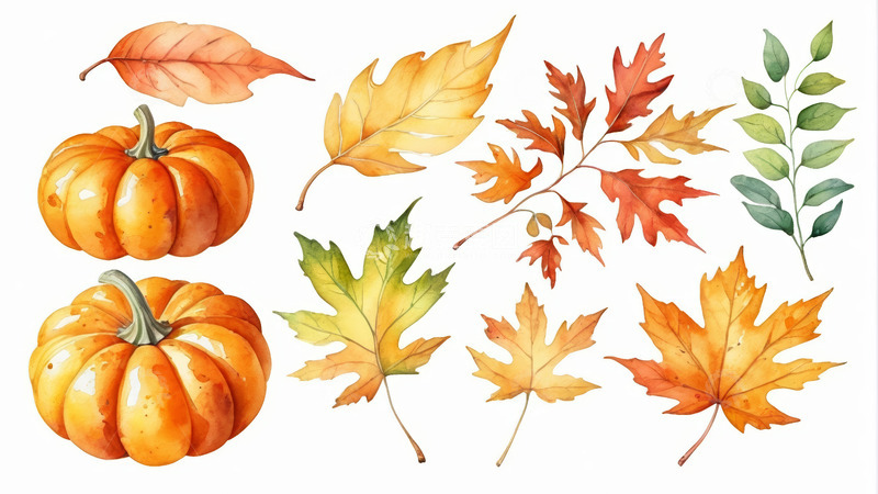 高清大图下载【趣麦麦图】水彩风格秋季南瓜与树叶素材