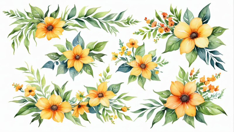 高清大图下载【趣麦麦图】水彩风格黄色花卉绿植装饰图案