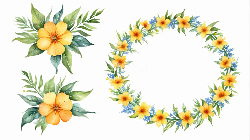 高清大图下载【趣麦麦图】黄色花卉花环与单花装饰素材