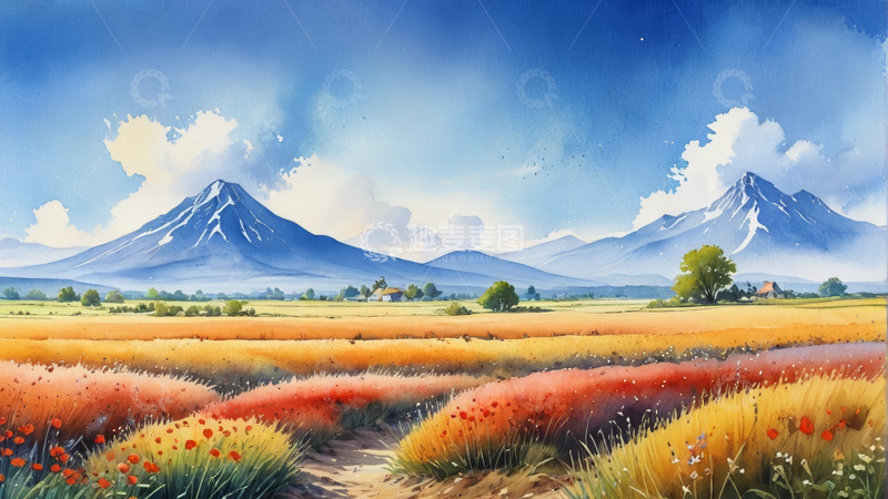 高清大图下载【趣麦麦图】田野山间自然风光插画
