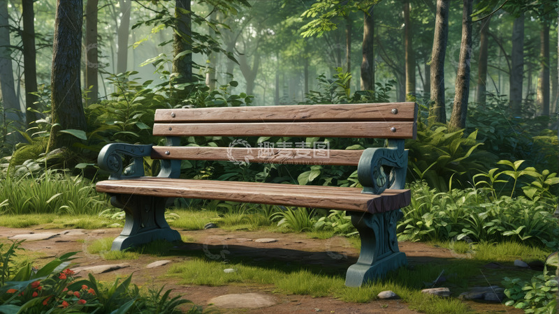 高清大图下载【趣麦麦图】森林中的木质长椅