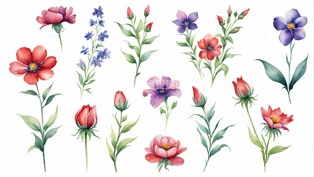 水彩风格多样花卉插画素材