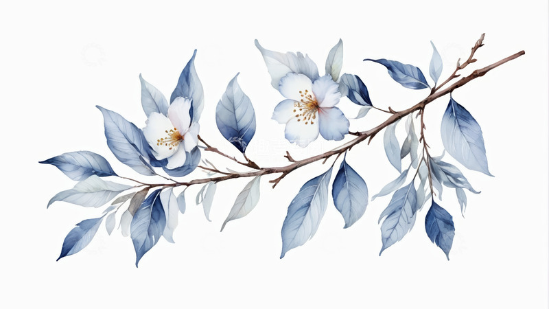 高清大图下载【趣麦麦图】蓝白色花卉枝叶插画素材