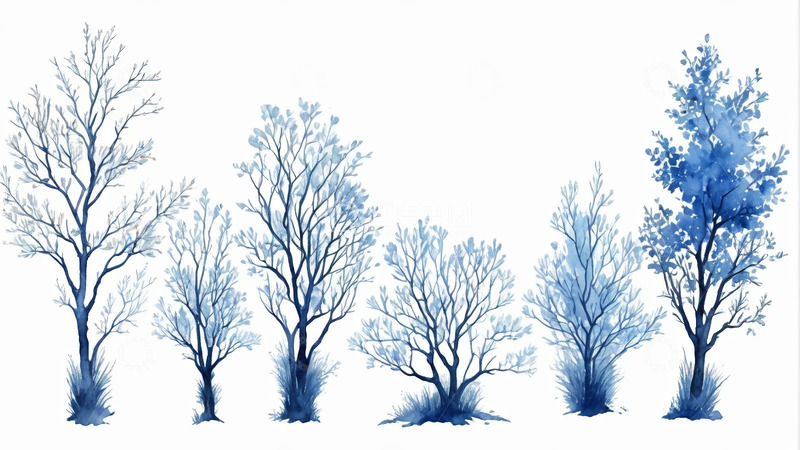 高清大图下载【趣麦麦图】蓝色水彩风格树木素材