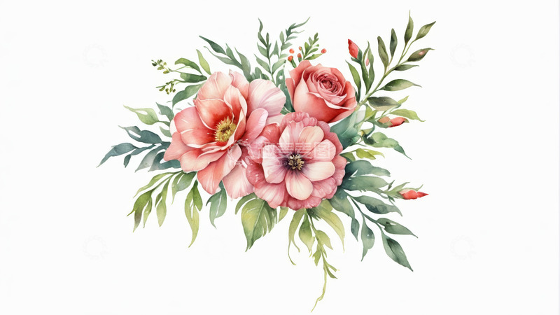高清大图下载【趣麦麦图】水彩风格粉色花卉插画