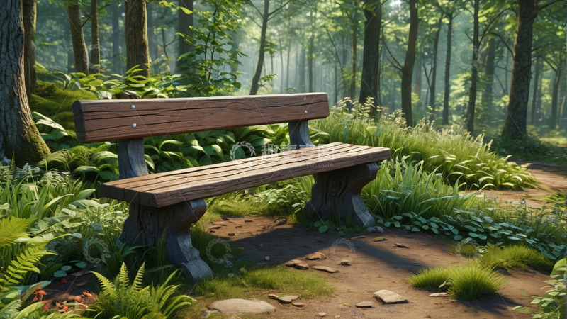 高清大图下载【趣麦麦图】森林中木质长椅休闲场景