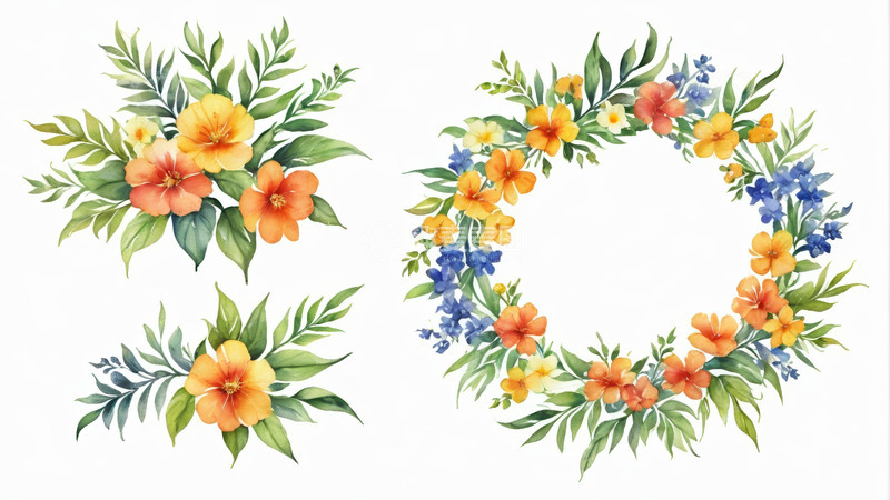 高清大图下载【趣麦麦图】水彩花卉花环装饰素材