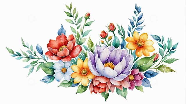 水彩风格多彩花卉组合