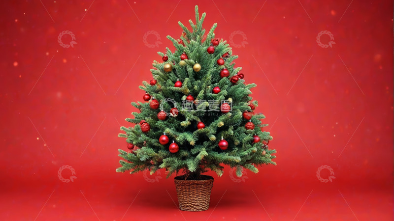 高清大图下载【趣麦麦图】红色背景装饰圣诞树
