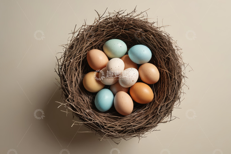 高清大图下载【趣麦麦图】鸟巢中多彩鸡蛋特写