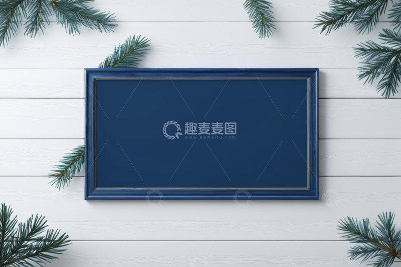 高清大图下载【趣麦麦图】白色木板背景的蓝色相框与松枝