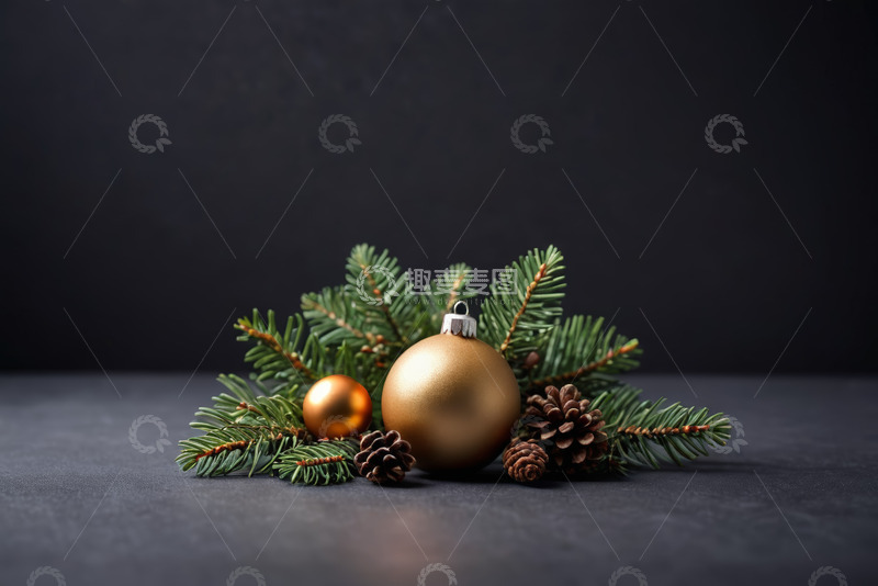 高清大图下载【趣麦麦图】圣诞装饰金球形松果松枝