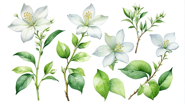 手绘白色茉莉花与绿叶素材