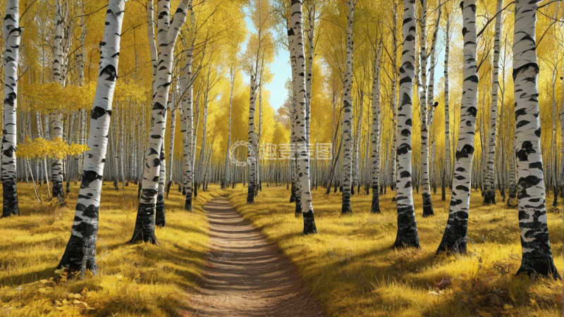高清大图下载【趣麦麦图】秋季白桦林中小径风景