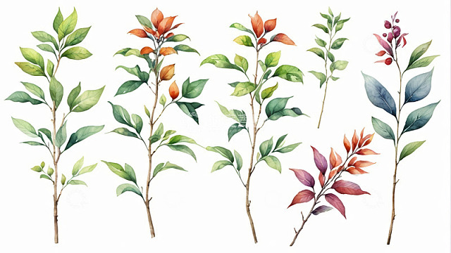 水彩风格多彩植物枝叶素材