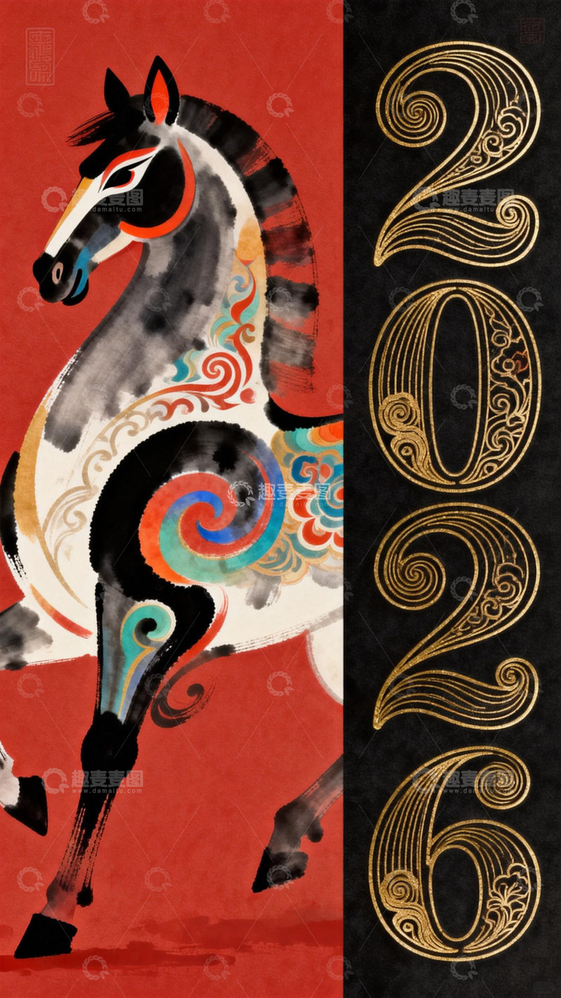 高清大图下载【趣麦麦图】艺术马年2026水墨风