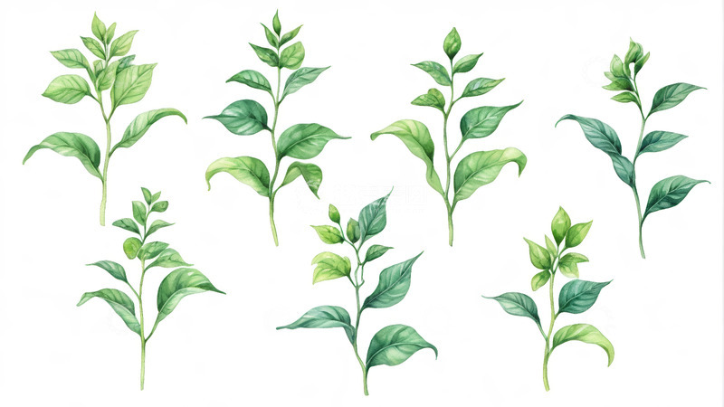 高清大图下载【趣麦麦图】水彩风格绿色植物枝叶插画