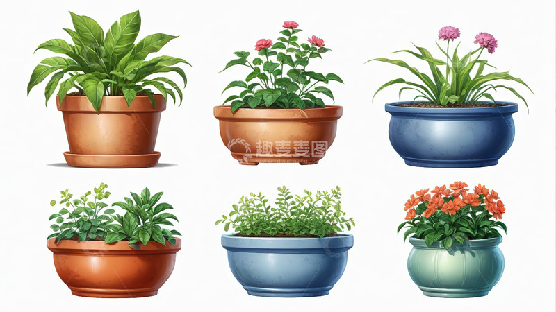 高清大图下载【趣麦麦图】多盆盆栽植物插画
