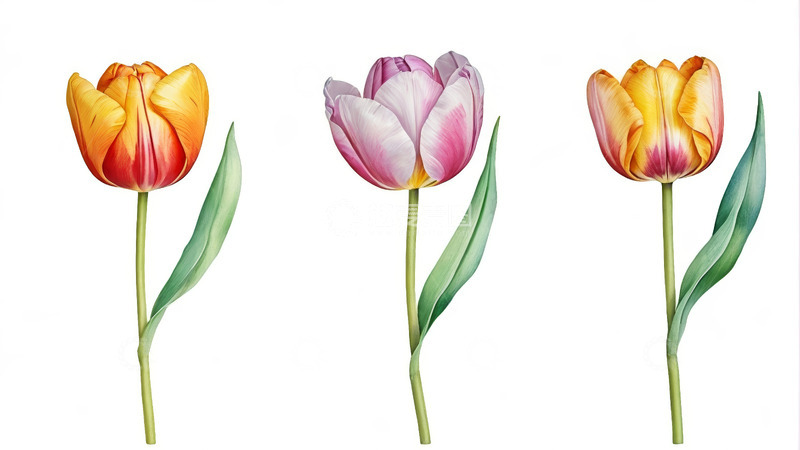高清大图下载【趣麦麦图】三株不同颜色的郁金香花卉