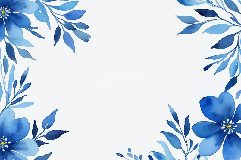 高清大图下载【趣麦麦图】蓝色花卉水彩边框素材