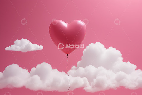 粉色心形气球漂浮于云朵间