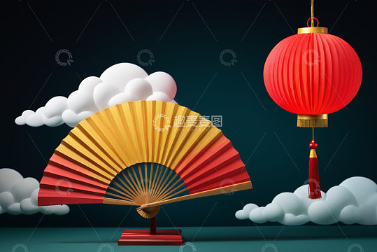 中式折扇与红灯笼场景