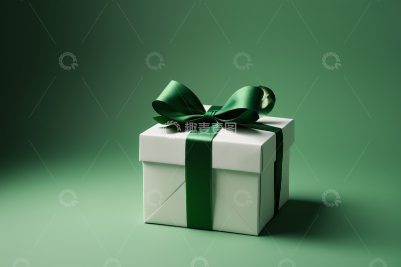 高清大图下载【趣麦麦图】白色礼盒配绿色丝带特写