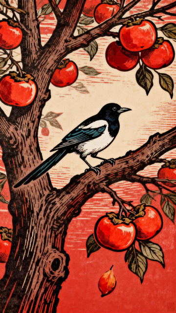 版画风喜鹊苹果树艺术插画